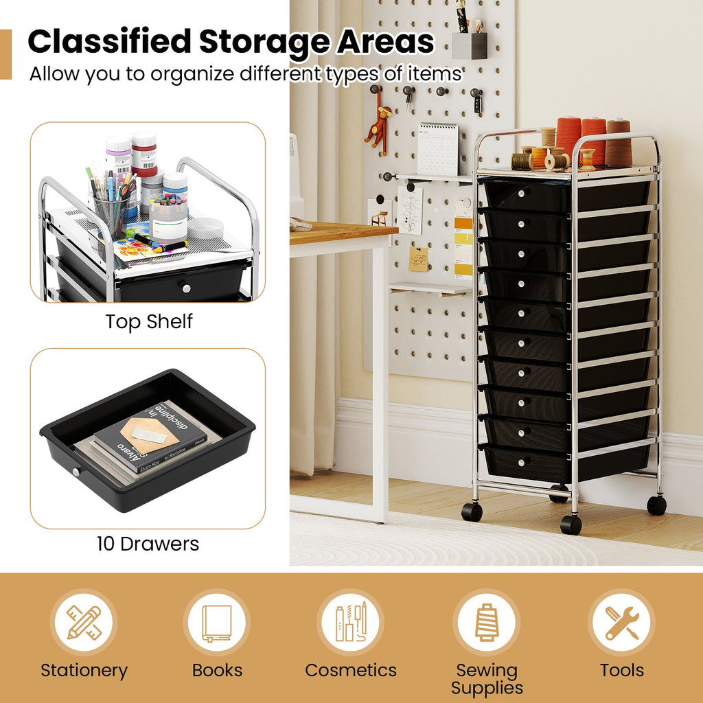 10-Drawer Rolling Storage Cart with Metal Frame and Lockable Universal Wheels