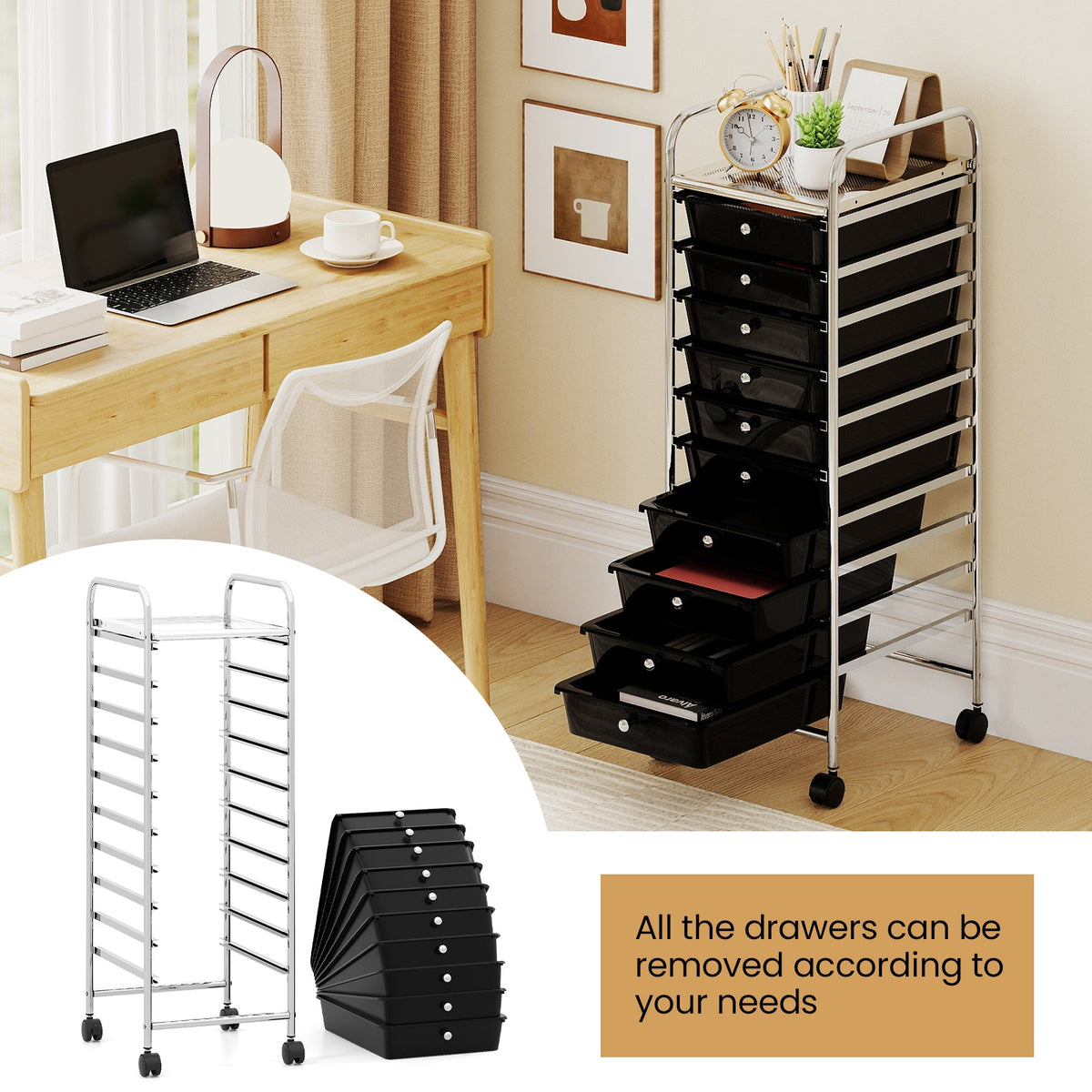 10-Drawer Rolling Storage Cart with Metal Frame and Lockable Universal Wheels