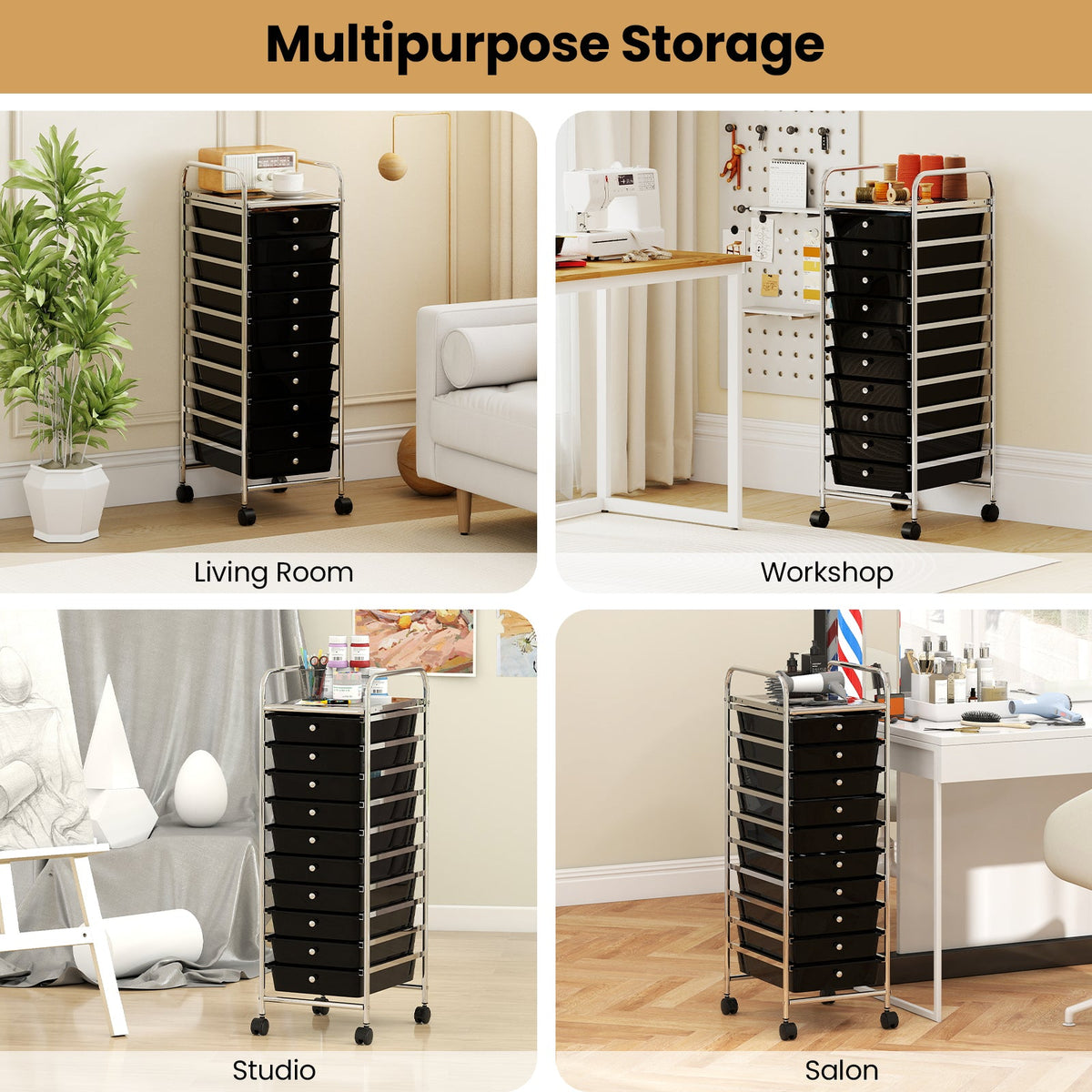 10-Drawer Rolling Storage Cart with Metal Frame and Lockable Universal Wheels