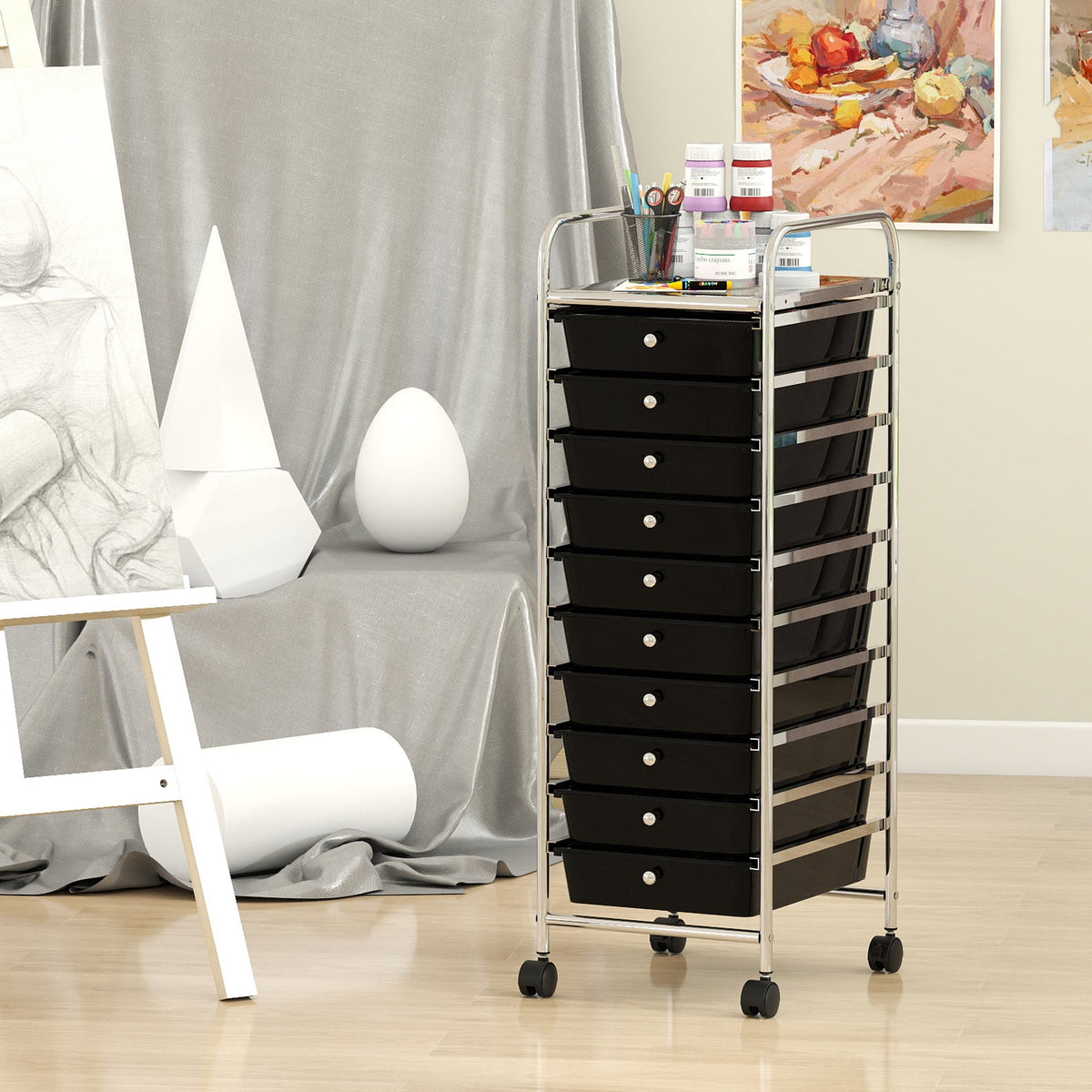 10-Drawer Rolling Storage Cart with Metal Frame and Lockable Universal Wheels