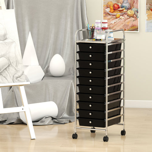 10-Drawer Rolling Storage Cart with Metal Frame and Lockable Universal Wheels