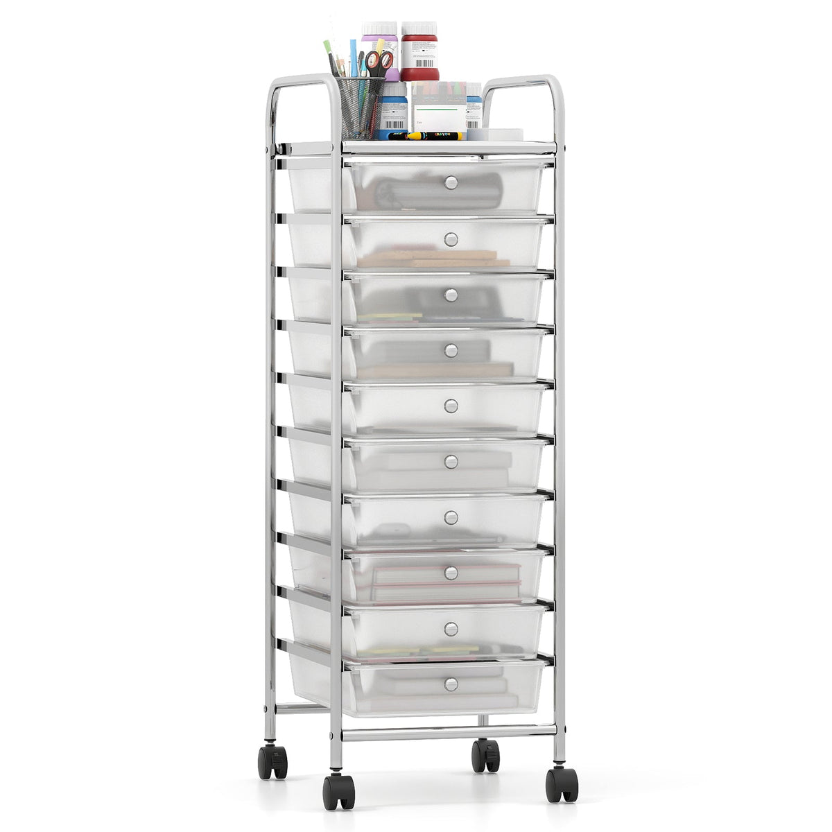 10-Drawer Rolling Storage Cart with Metal Frame and Lockable Universal Wheels