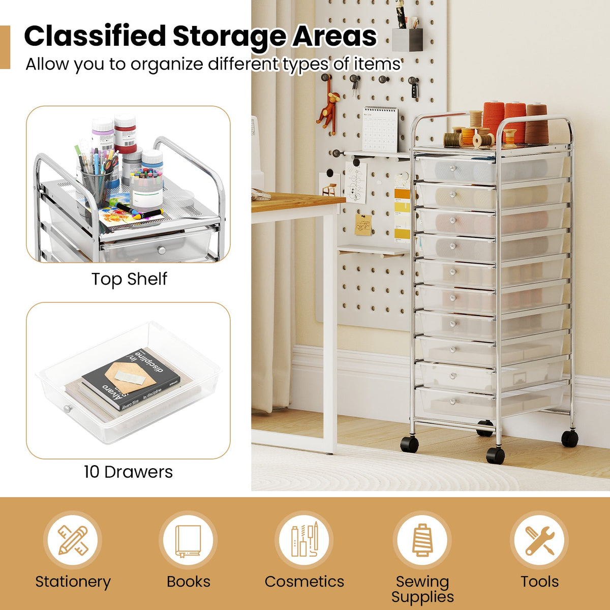 10-Drawer Rolling Storage Cart with Metal Frame and Lockable Universal Wheels
