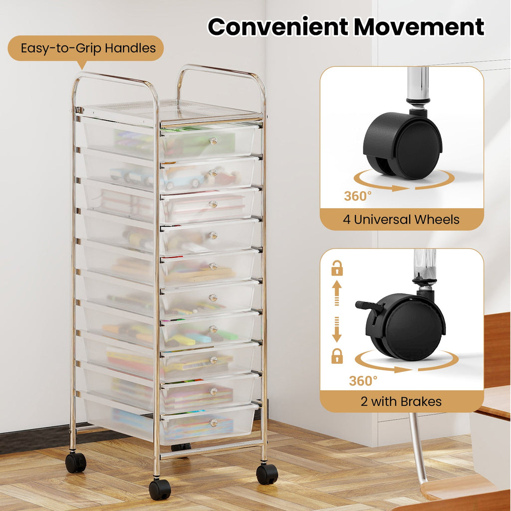 10-Drawer Rolling Storage Cart with Metal Frame and Lockable Universal Wheels