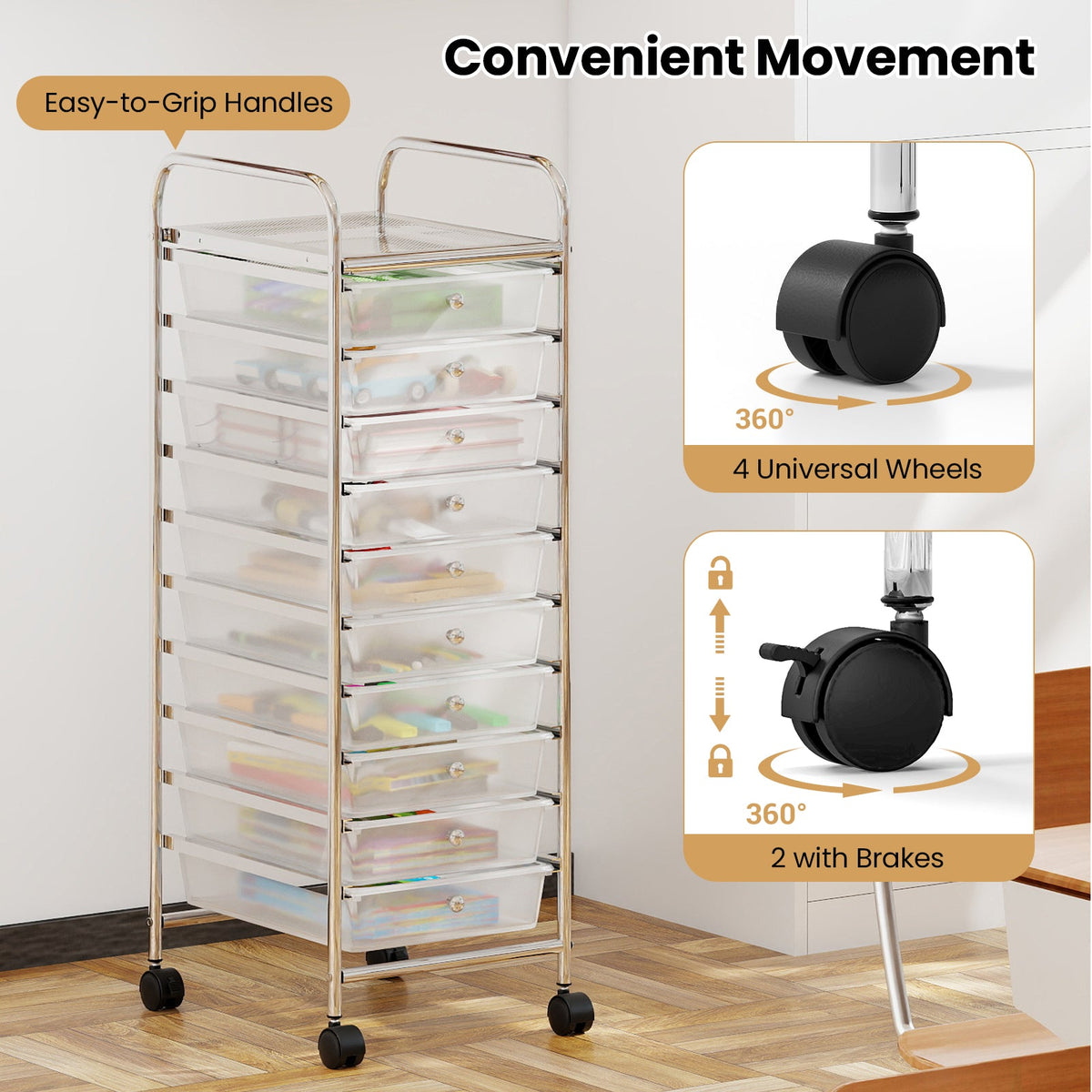 10-Drawer Rolling Storage Cart with Metal Frame and Lockable Universal Wheels