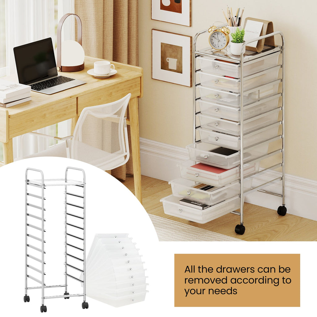 10-Drawer Rolling Storage Cart with Metal Frame and Lockable Universal Wheels