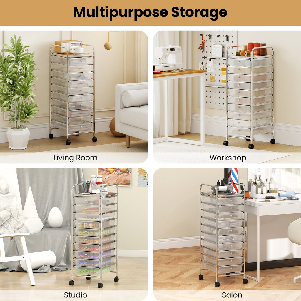 10-Drawer Rolling Storage Cart with Metal Frame and Lockable Universal Wheels
