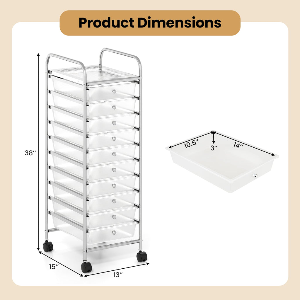 10-Drawer Rolling Storage Cart with Metal Frame and Lockable Universal Wheels