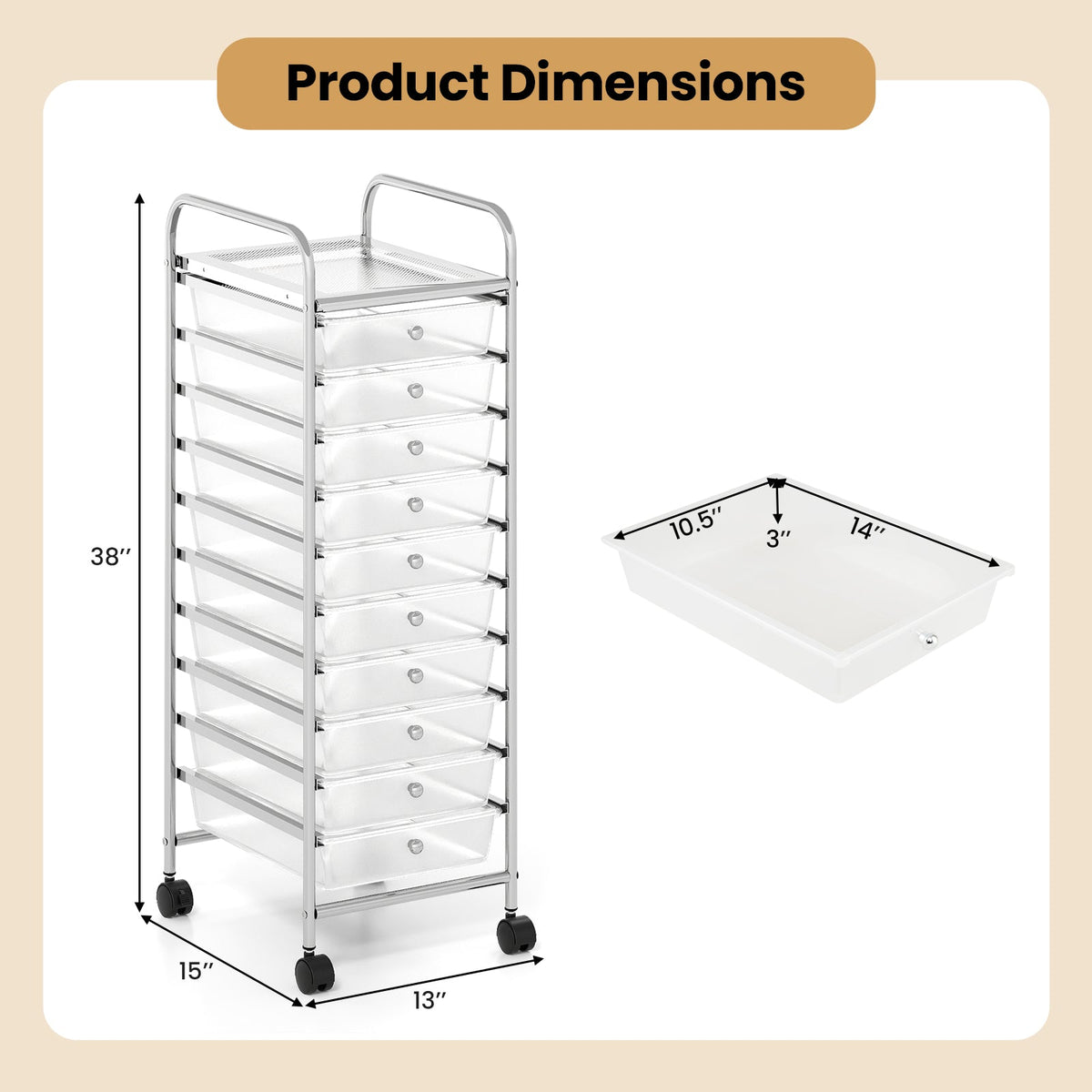 10-Drawer Rolling Storage Cart with Metal Frame and Lockable Universal Wheels