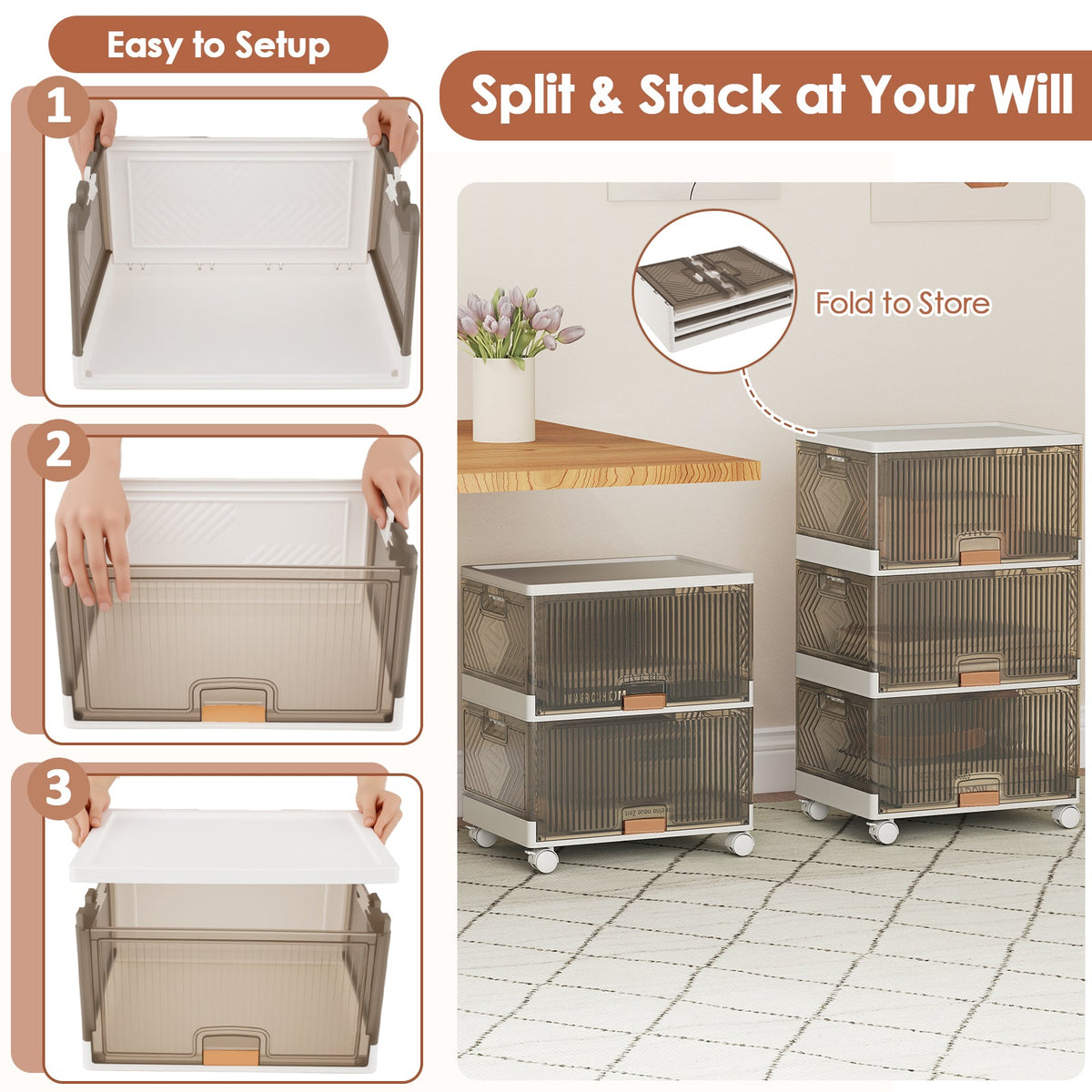 3/4/5/6-Cube Stackable Storage Bins with Detachable Wheels