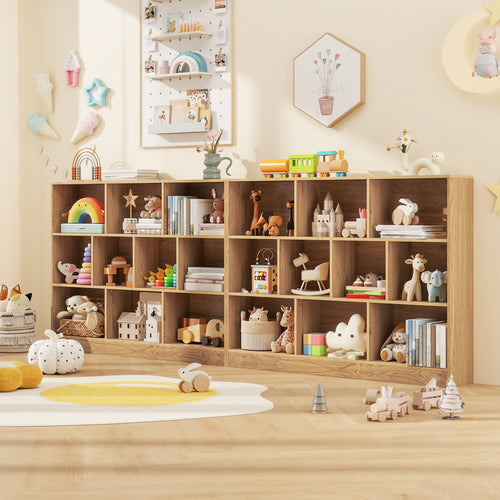 41 inches Wooden Toy Storage Organizer with 10 Cubes for Classroom Daycare Nursery Kindergarten-Natural