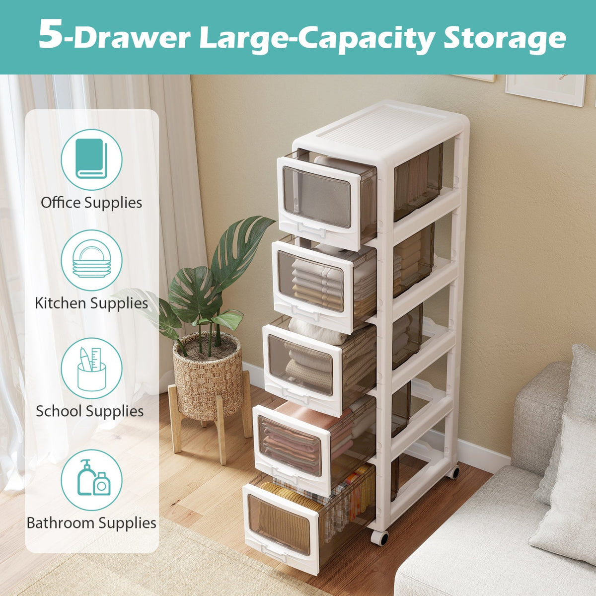 Rolling Storage Cart with Drawers and Lockable Wheels