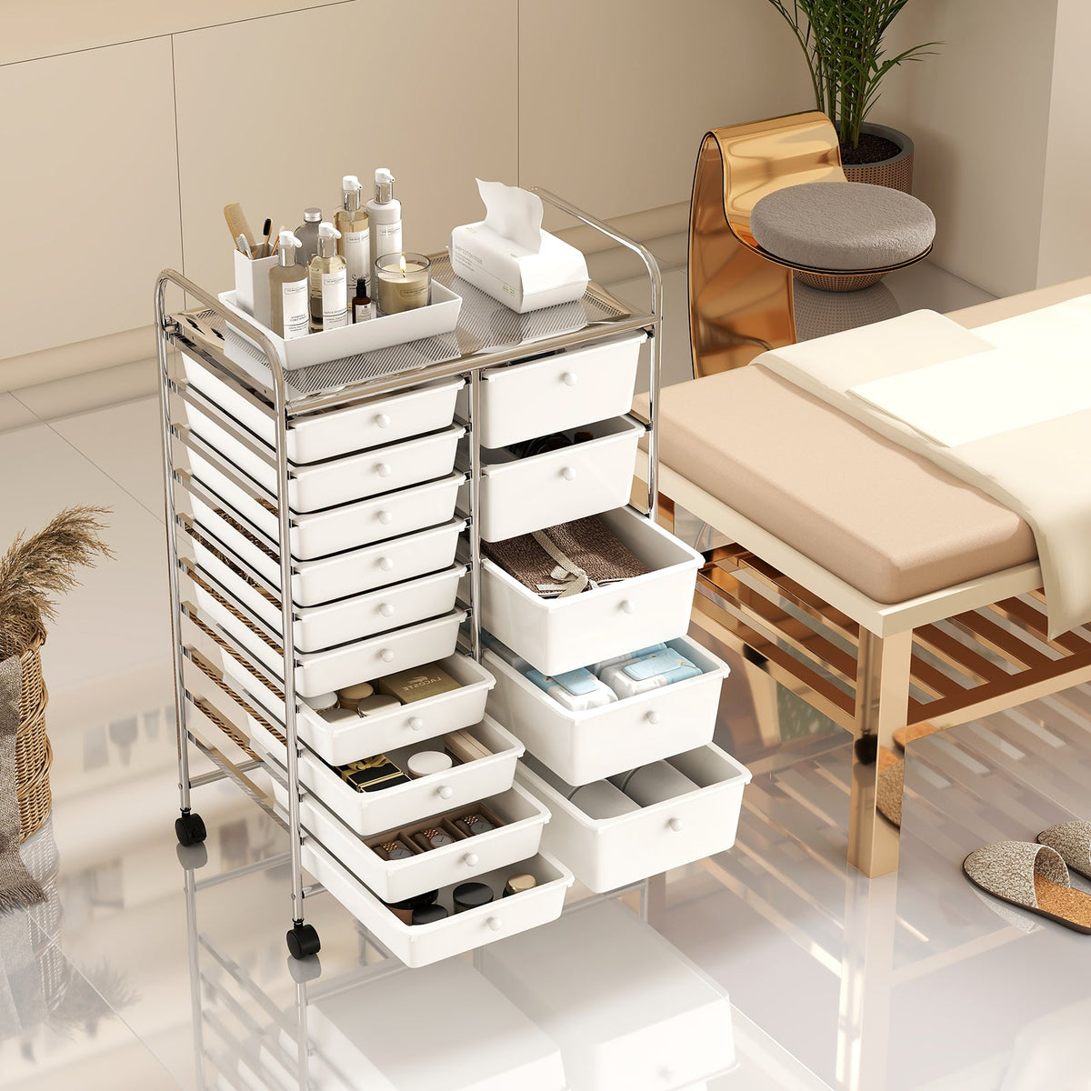 Rolling Storage Cart 15-Drawer Trolley with Chrome Plated Metal Frame